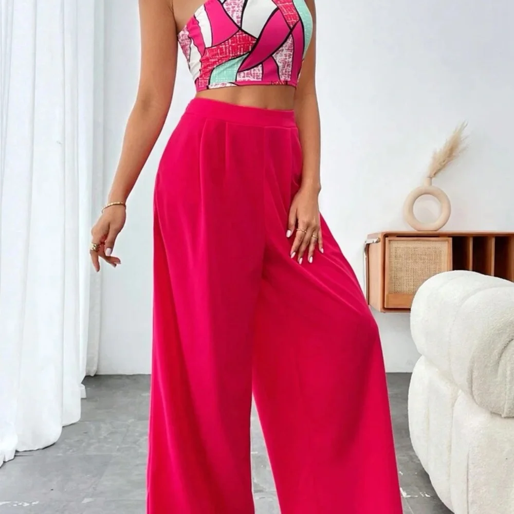 Frenchy Color Block One-Shoulder Slim Fit Top And Loose Wide Leg Pants